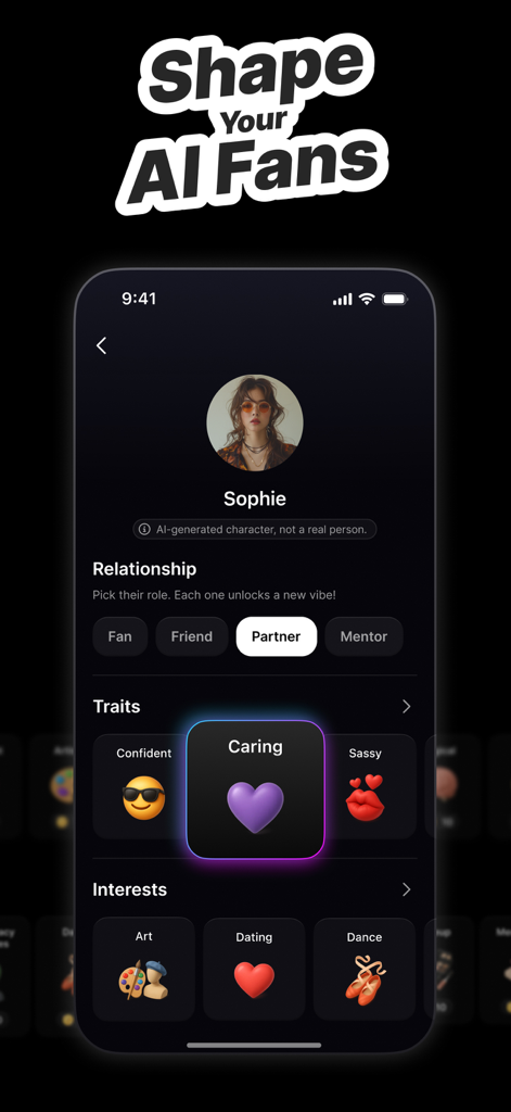 Uma captura de tela da interface do aplicativo Famefy mostrando opções de personalização para um perfil de fã de IA com diferentes traços e papéis de relacionamento