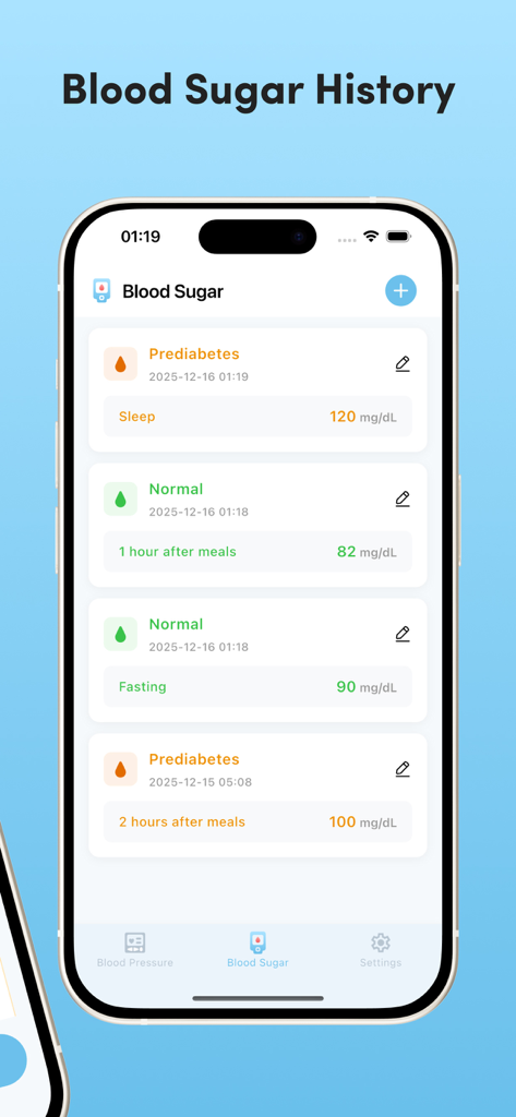 BP & Glucose Insight - A digital blood sugar history log showing a list of glucose readings with dates times and health status classifications