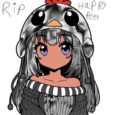 anime girl with chick shaped hat with sweater with bare shoulders with bangs covering them one eye with low tail