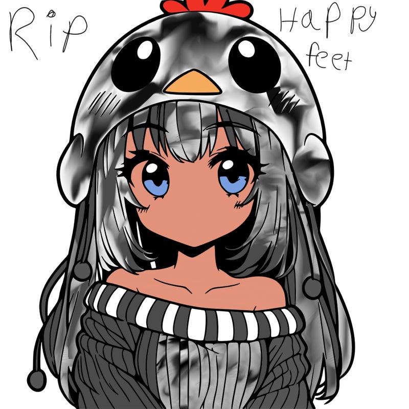 anime girl with chick shaped hat with sweater with bare shoulders with bangs covering them one eye with low tail