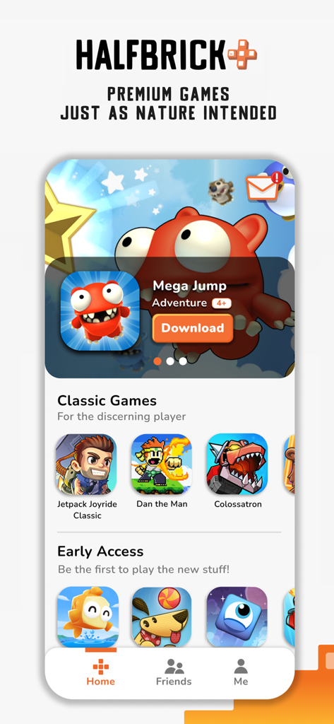 Mega Jump Halfbrick+ - Halfbrick Plus app interface featuring Mega Jump and classic mobile games like Jetpack Joyride