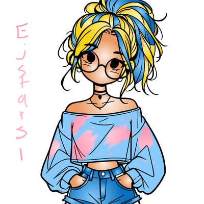 girl with a messy ponytail glasses a baggy crop top and jean shorts