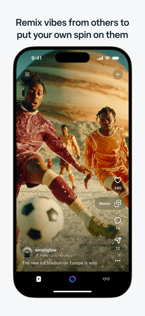 Écran de smartphone montrant une vidéo IA remixtable de personnes jouant au football sur une planète glacée dans l'application Meta AI