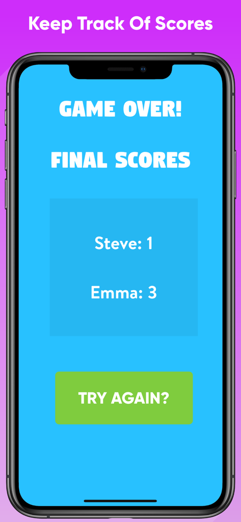 2 Player Quiz - Battle Game - Game over screen showing final scores for two players in the same-device trivia battle