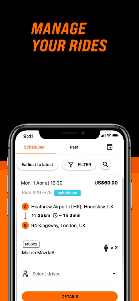 GetTransfer DRIVER Service - A smartphone displaying scheduled airport transfer details in the GetTransfer DRIVER Service app.