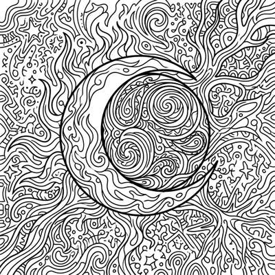 Experience the awe of a lunar eclipse reimagined through a stunning psychedelic lens with this captivating coloring page. Delve into a world of intricate patterns and swirling cosmic energy, perfect for artistic exploration.
