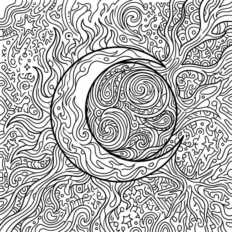Experience the awe of a lunar eclipse reimagined through a stunning psychedelic lens with this captivating coloring page. Delve into a world of intricate patterns and swirling cosmic energy, perfect for artistic exploration.