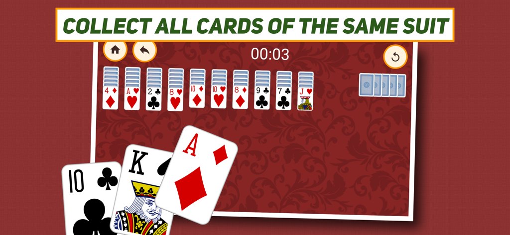 Spider Solitaire gameplay on a red patterned background with cards arranged in columns and a timer at the top