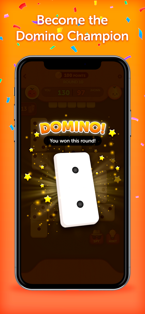 Winning round screen in Domino Champions mobile game with celebratory confetti