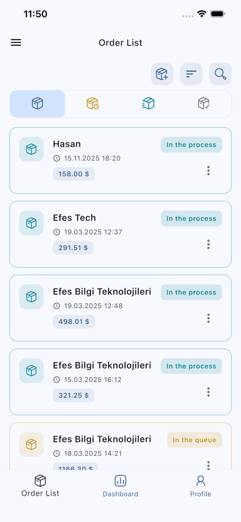 Order Tracking System - Order List screen in the Order Tracking System app displaying customer orders and statuses.