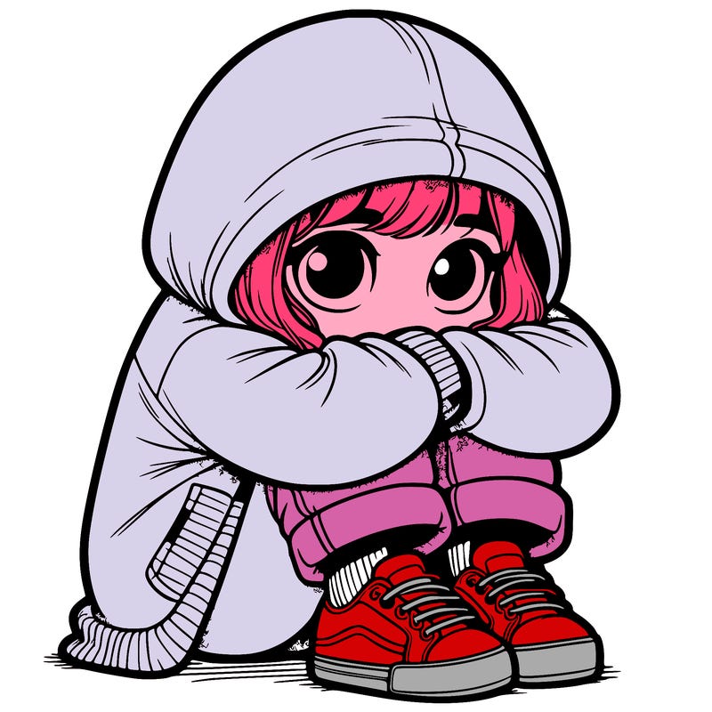 girl hiding in a hoodie and shorts