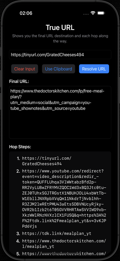 True URL - True URL app interface displaying the final destination and multiple redirect hops of a shortened URL