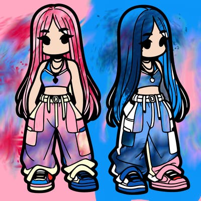 girl in baggy pants crop top and long hair