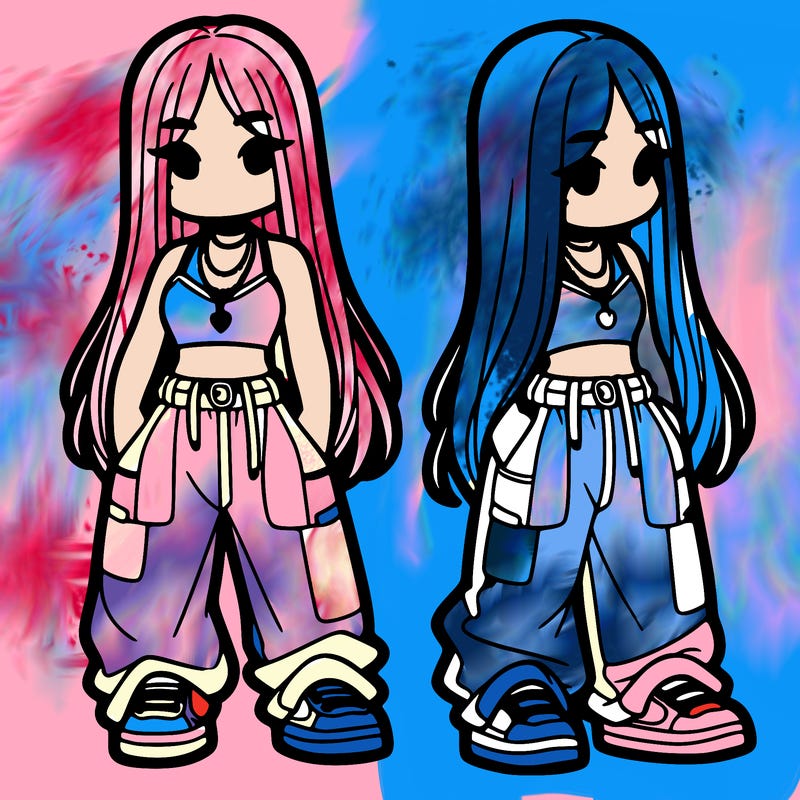 girl in baggy pants crop top and long hair