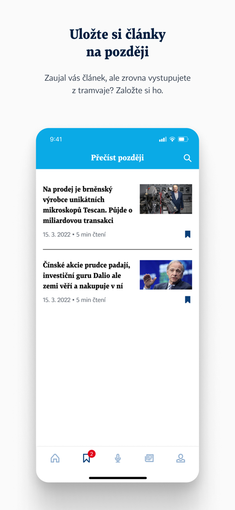 HN - The HN mobile app showing the read later feature with a list of saved business articles.