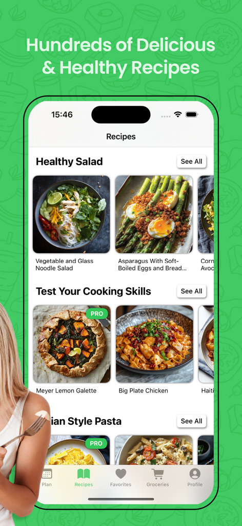 Recipe Hub app screen showing a variety of healthy recipes including salads and pasta dishes.