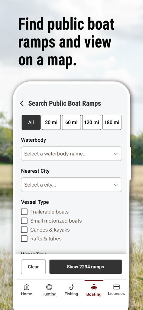 Texas Outdoor Annual - Search screen for public boat ramps in the Texas Outdoor Annual app with filters for location and vessel type