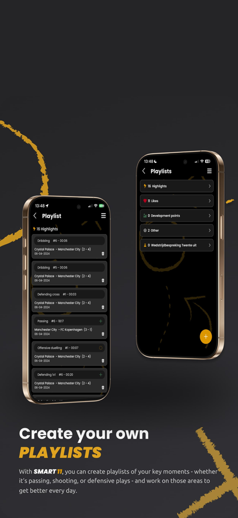 Smart11 - Pantallas de la aplicación móvil Smart11 que muestran listas de reproducción de vídeo de fútbol personalizadas para análisis de partidos y jugadas destacadas