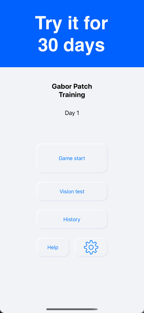 Eye Recovery Training - Main dashboard of the Eye Recovery Training app showing the Gabor Patch Training menu with buttons for game start and vision test