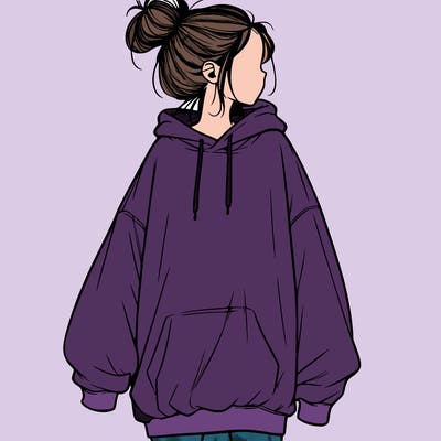 realistic girl with a oversized sweatshirt on and a bun