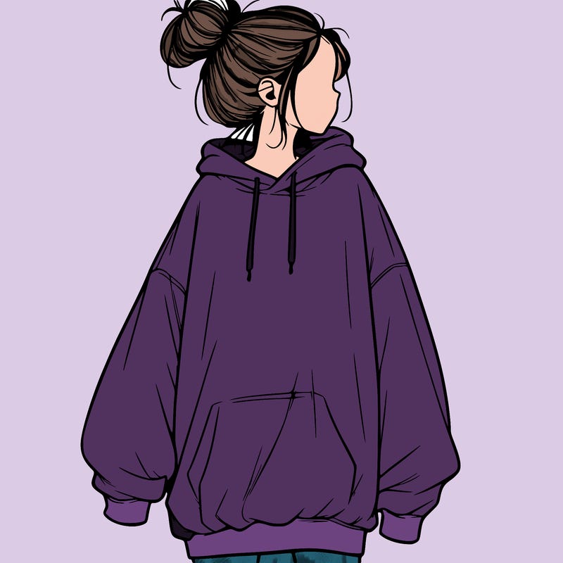 realistic girl with a oversized sweatshirt on and a bun