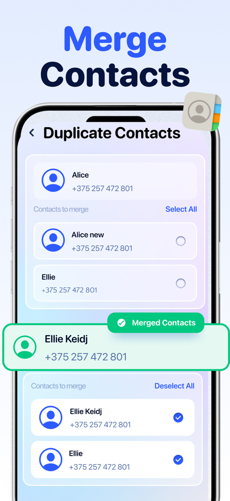 Clean Up Now: AI Cleaner - Interface showing the merge duplicate contacts feature in the Clean Up Now app