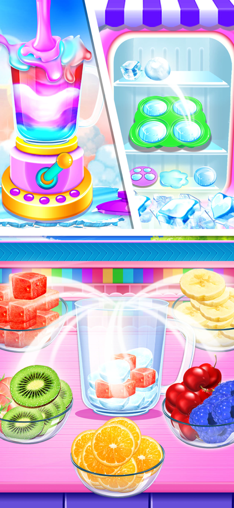 Ice Cream Delivery Games - ICE - Gameplay showing a colorful blender mixing ice cream and bowls of fresh fruit toppings for decoration