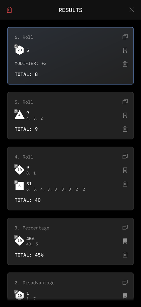 Mighty Dice - A screenshot of the Mighty Dice app showing a detailed history of recent dice rolls with modifiers and totals in dark mode.