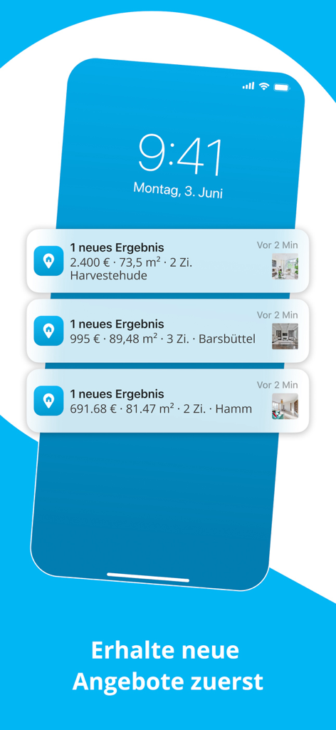 immonet Immobilien Suche - Écran de smartphone affichant des notifications push pour les nouvelles annonces immobilières de l'application immonet