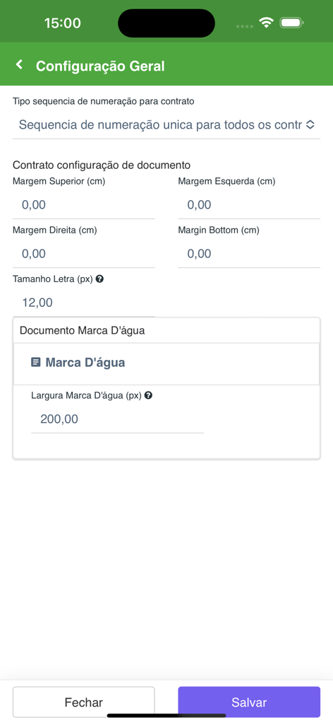 Tela de configuração geral do aplicativo Gerador Contratos com opções de margens e marca d'água