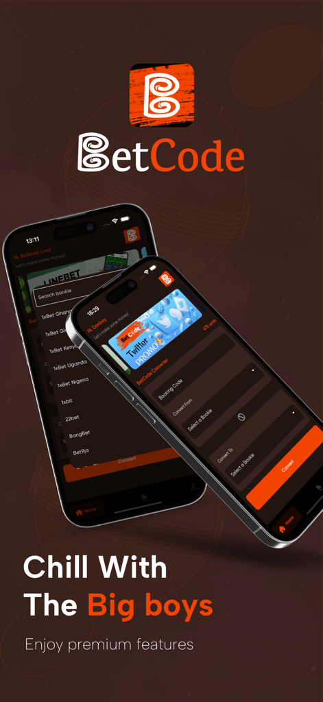 Mobile interface of the BetCode app showing the booking code converter tool and sports betting features.