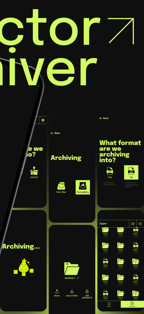 ZIP Extractor - UnZIP, UnRar - Telas da interface do usuário do Extrator de ZIP mostrando opções de arquivamento e extração de arquivos em um tema elegante verde limão e preto