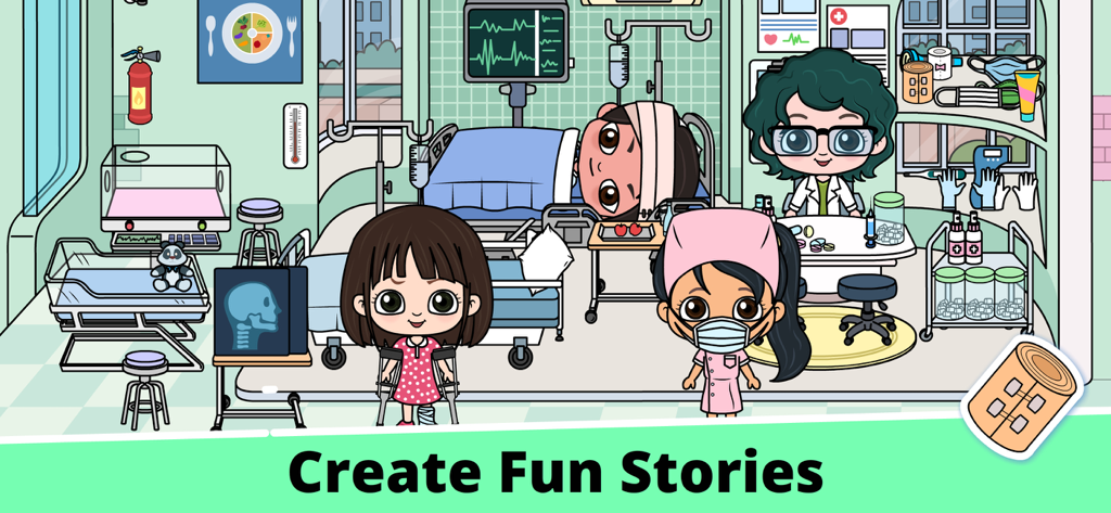 Tizi My World Avatar City Life - Cartoon-Charaktere spielen in einem Krankenhauszimmer mit medizinischer Ausrüstung und Patienten in Tizi Town