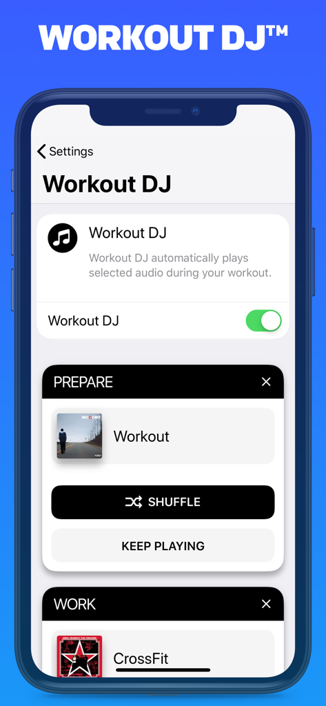 Tabata Pro app interface showing Workout DJ settings for automated music during HIIT intervals