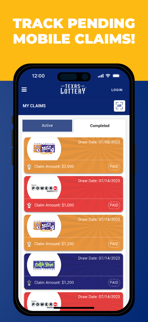 Interface de l'application mobile Texas Lottery affichant une liste des réclamations de prix complétées et payées avec les montants gagnants