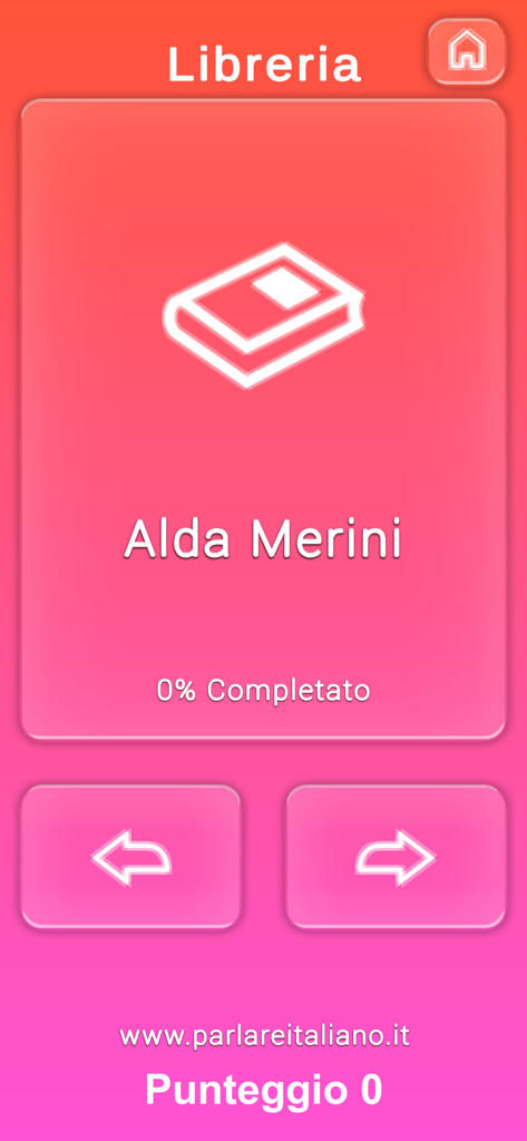 Bibliotheksbildschirm der Parlare Italiano App mit der Lyrik-Sammlung von Alda Merini.