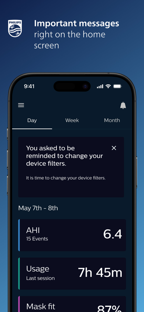 DreamMapper Mobile App-Startbildschirm, der CPAP-Therometriken und eine Erinnerung zum Wechseln der Gerätefilter anzeigt.