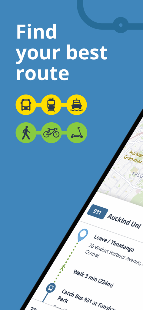 AT Mobile - Écran de l'application AT Mobile affichant la planification de trajets multimodaux et les options d'itinéraire pour Auckland