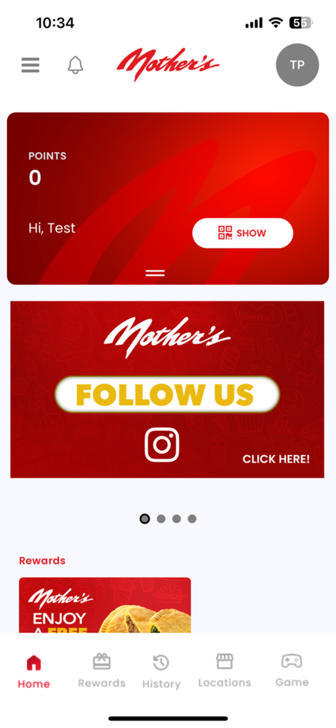 Mothers Rewards - Mothers Rewards app home screen showing points balance and navigation bar
