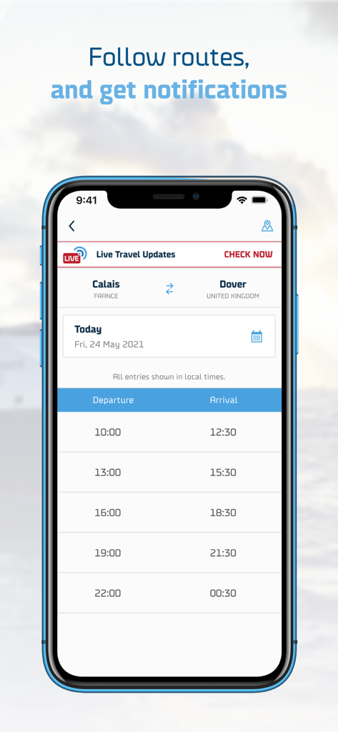 DFDSアプリのカレからドーバーへのルートのフェリー出発時刻と到着時刻を示す画面。