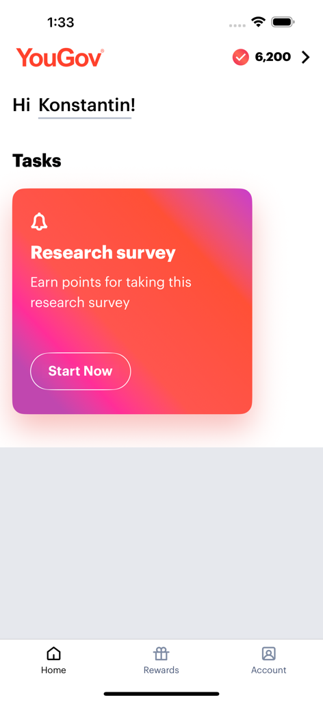 YouGov mobile app home screen showing a research survey task card and user reward points