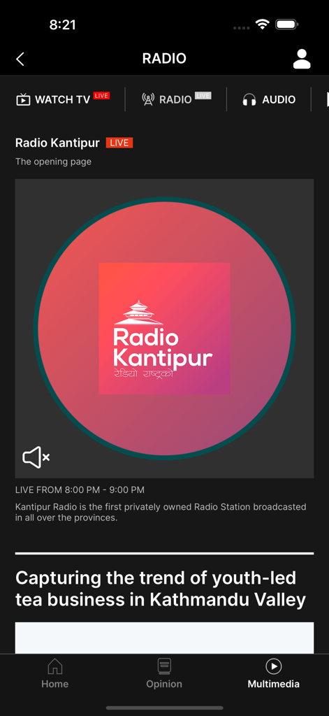 The Kathmandu Post - Radio Kantipur live stream page on The Kathmandu Post mobile app