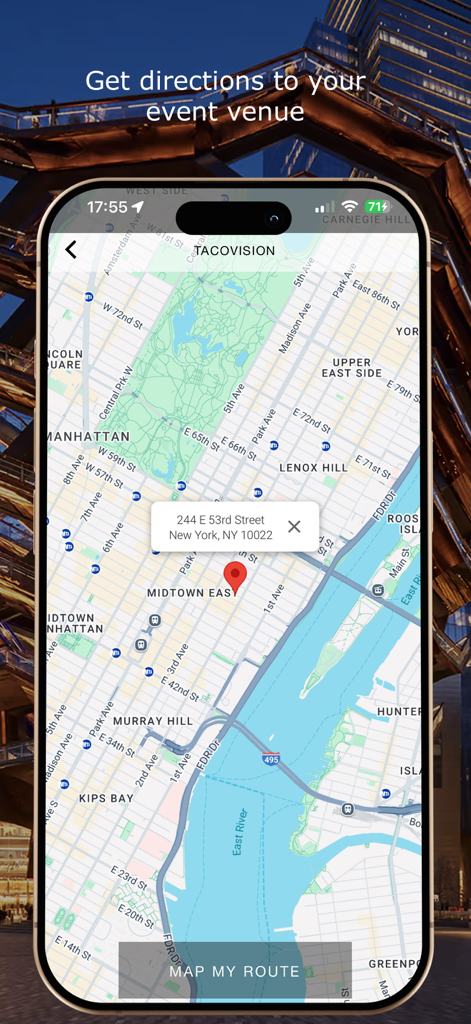 pulsd - The Best of New York - The pulsd app displaying a map of Manhattan with a pin on a venue and a button to map a route.