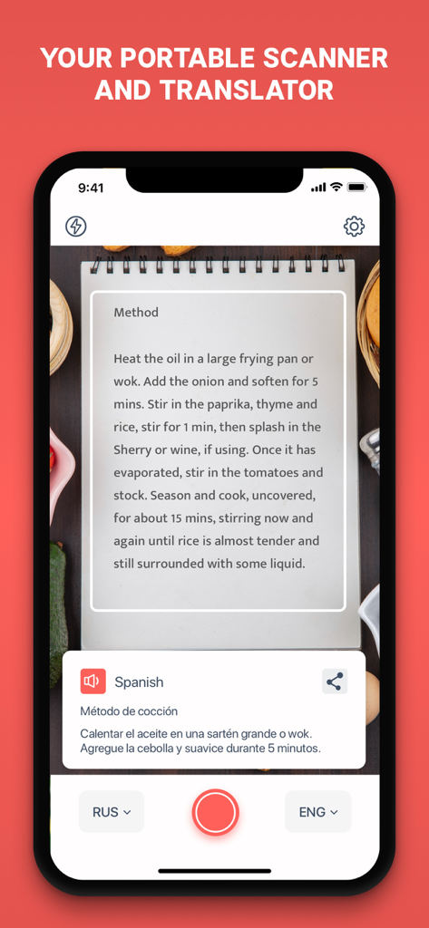 Scan & Translate+ Text Grabber - Interface do aplicativo Scan and Translate digitalizando uma receita impressa e fornecendo uma tradução em espanhol