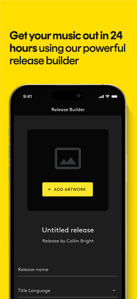 Smartphone screen showing the Amuse Music Distribution release builder interface with an option to add album artwork
