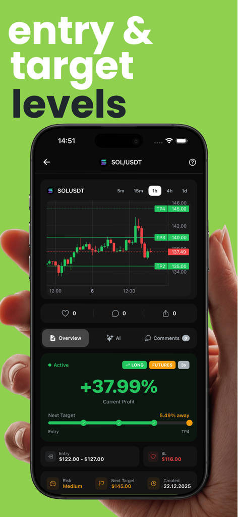 Crypto Signals & Trade Signals - Tela do aplicativo móvel mostrando sinais de negociação de cripto com níveis de entrada e alvo para SOL USDT