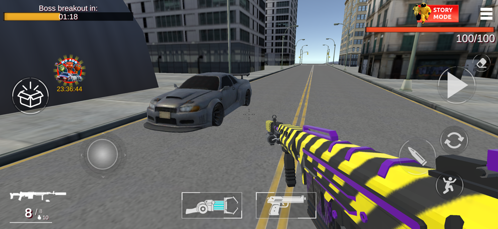 Stepbots Sandbox Playground 2 - Perspectiva en primera persona de un jugador sosteniendo un rifle de rayas amarillas en una calle de la ciudad dentro del juego Stepbots Sandbox Playground 2.