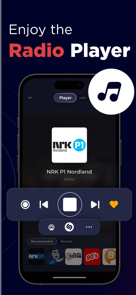 Radio Norway FM Live Online - Interface of the Radio Norway FM app playing NRK P1 Nordland station with playback and recording controls