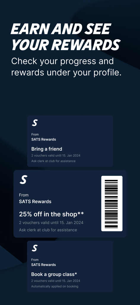 SATS app loyalty screen showing reward vouchers for shop discounts and group classes