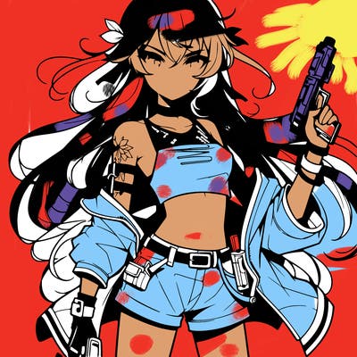 bad girl wearing crop top holding a gun long hair anime